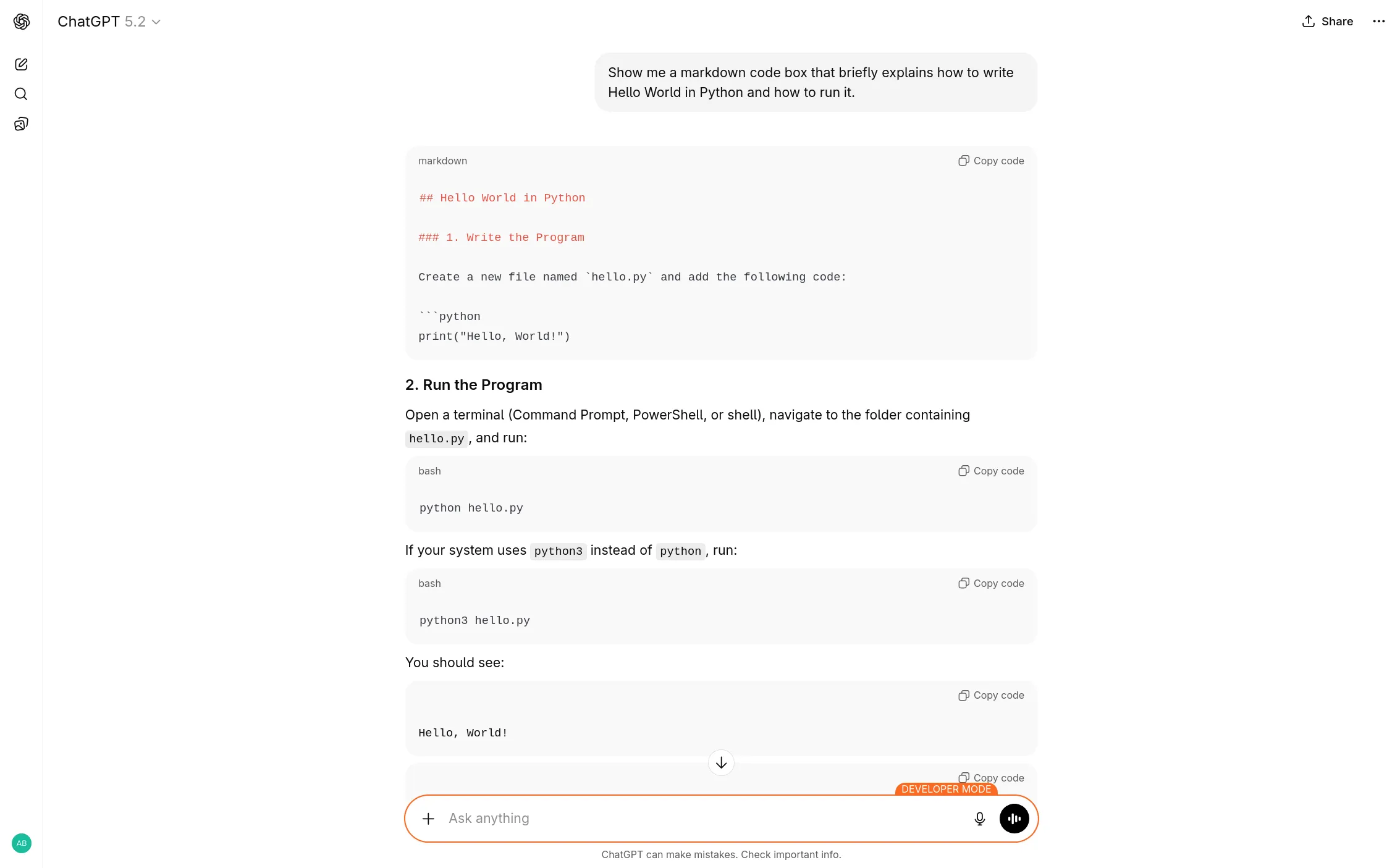 ChatGPT response to the prompt, where markdown is wrongly formatted