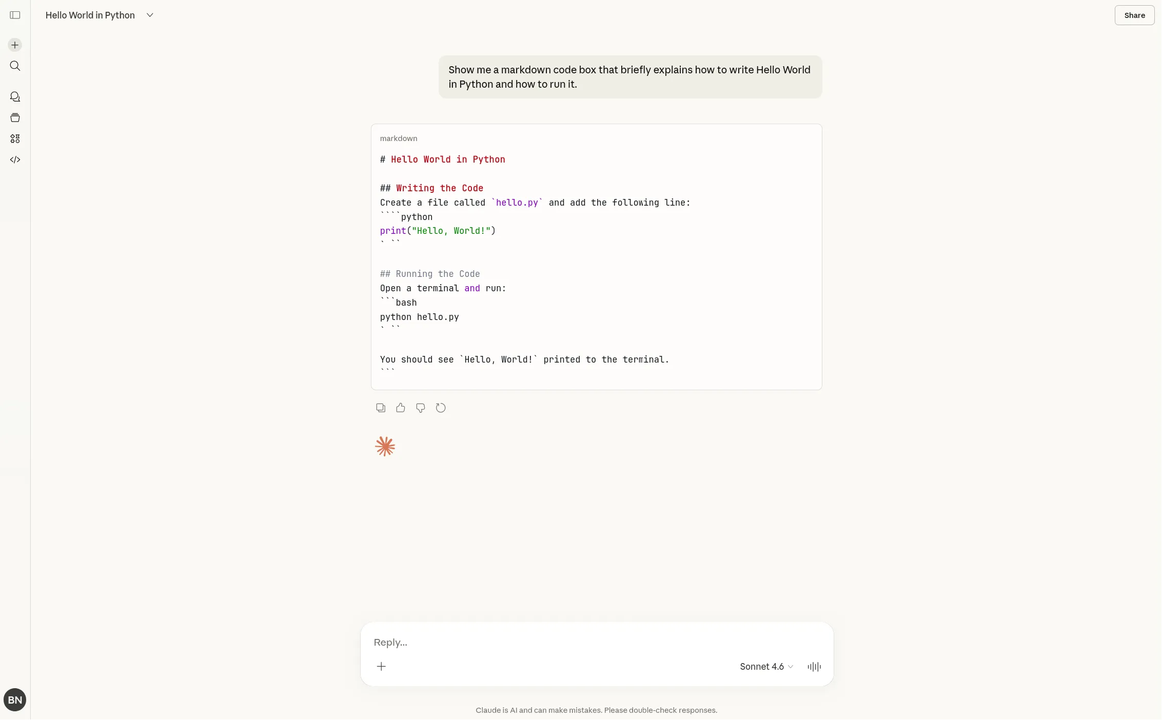 Claude response to the prompt, where markdown is wrongly formatted