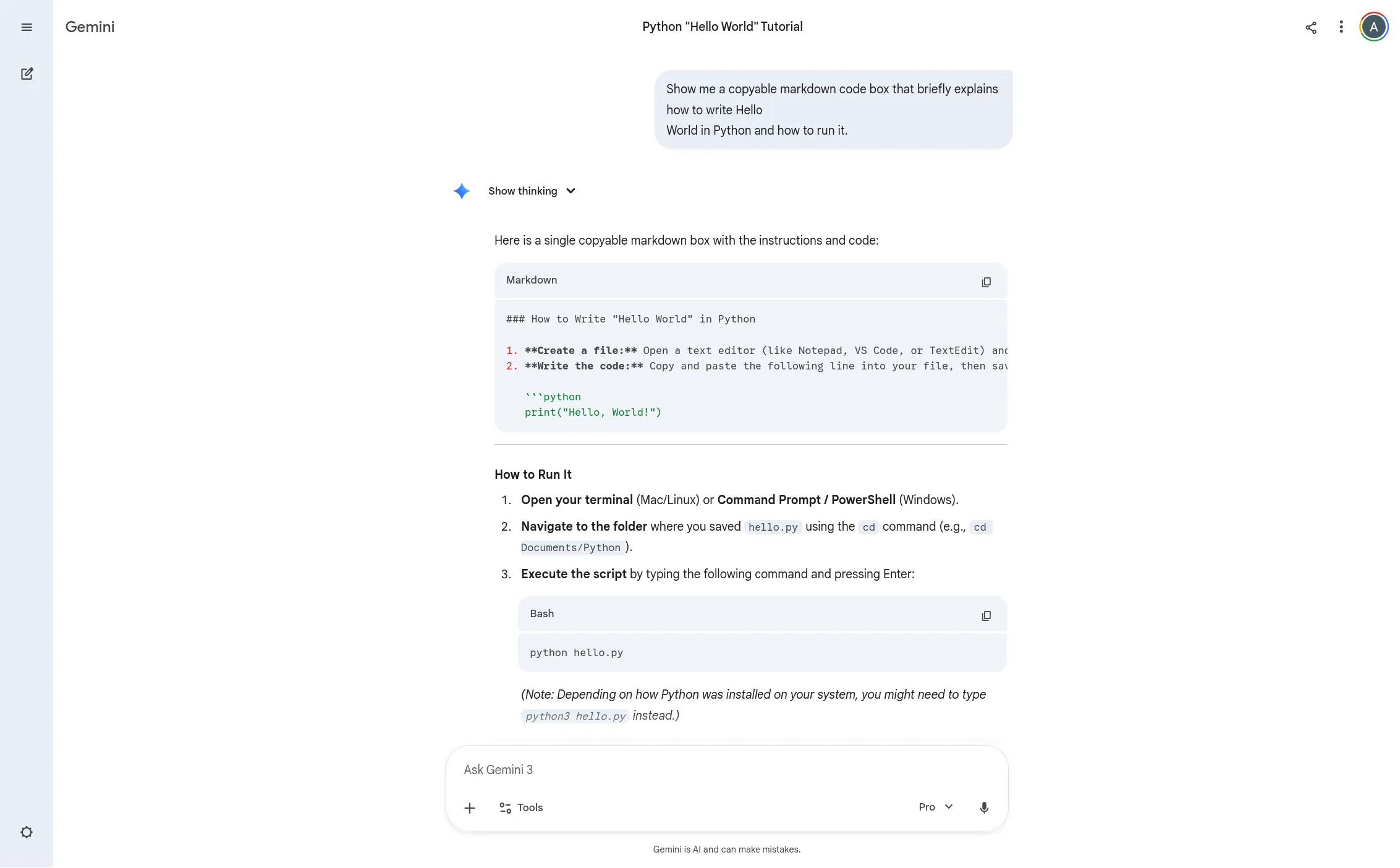 Gemini response to the prompt, where markdown is wrongly formatted